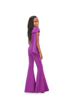Back. Purple ASHLEYlauren Kids 8155 stylish one shoulder scuba jumpsuit featuring a statement bow with long tails on the shoulder and flare bell-bottom pants for a fun and fabulous look.