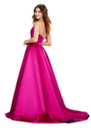 Back. Raspberry ASHLEYlauren 11250 elegant satin ball gown featuring an illusion V-neckline, strapless design, full A-line skirt with pockets, and a sweeping train for a timeless and sophisticated look.