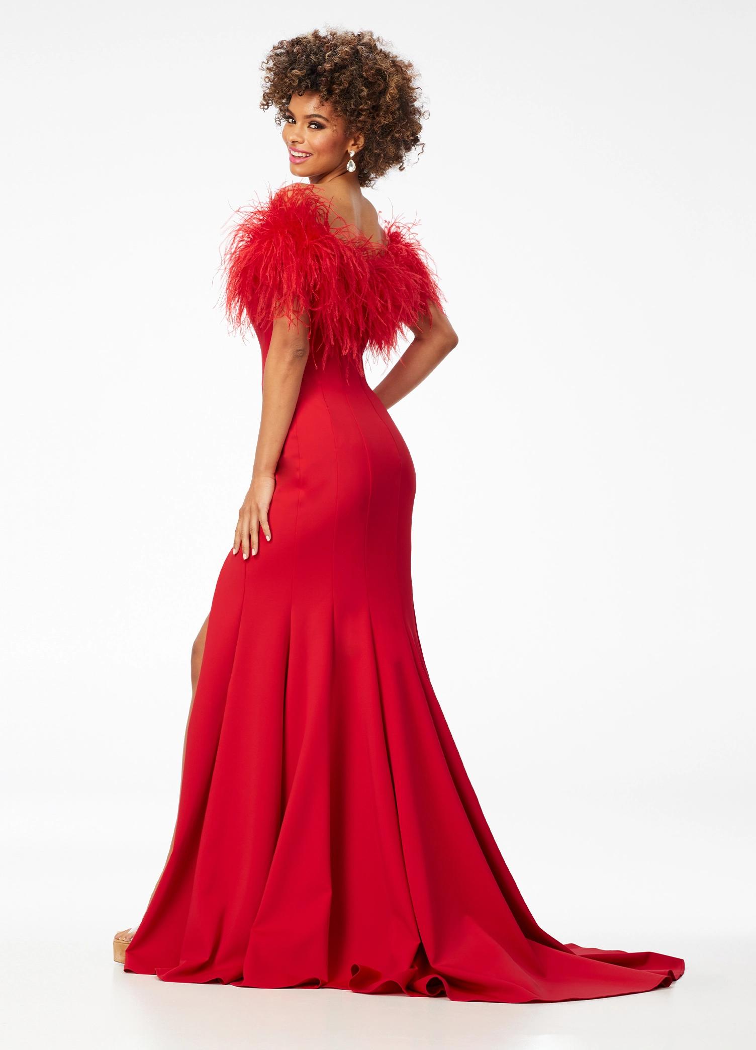 Back. Red ASHLEYlauren 11101 Off-Shoulder Scuba Gown with Sweetheart Neckline, Feather Accents, and Left Leg Slit