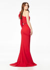 Back. Red ASHLEYlauren 11131 One-Shoulder Scuba Gown with Feather Details, Heat-Set Stones, Crystal Belt, and Elegant Train