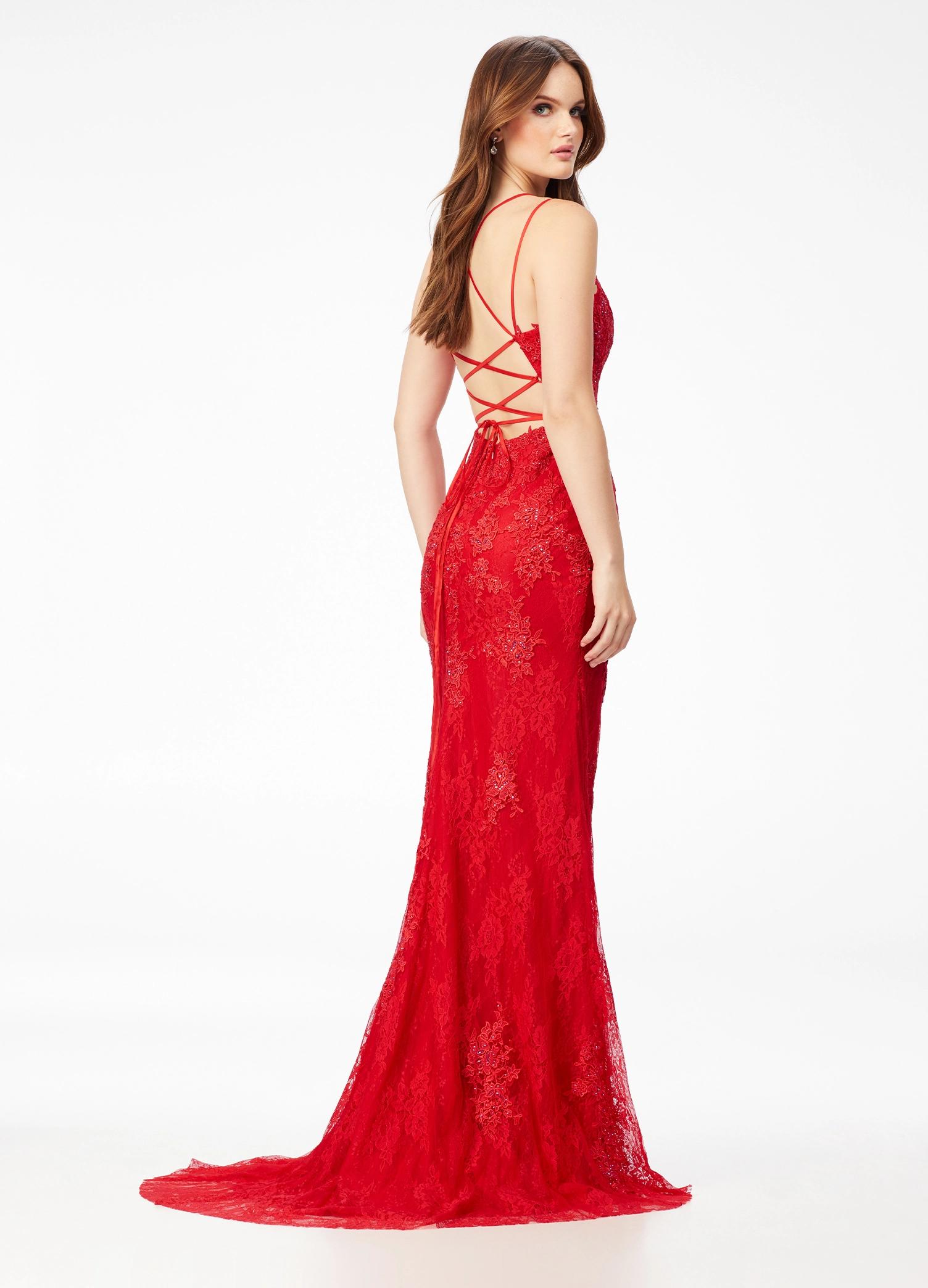Back. Red ASHLEYlauren 11145 Lace Gown with Spaghetti Straps, Lace Applique, Heat Press Stones, Lace-Up Back, and Left Leg Slit