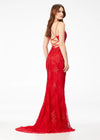 Back. Red ASHLEYlauren 11145 Lace Gown with Spaghetti Straps, Lace Applique, Heat Press Stones, Lace-Up Back, and Left Leg Slit