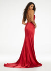 Back. Red ASHLEYlauren 11162 Elegant Gown with Spaghetti Straps, Draped Bodice, Ruching, Left Leg Slit, and Lace-Up Back