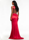 Back. Red ASHLEYlauren 11164 One-Shoulder Satin Gown with Ruched Bustier, Crystal Belt Waistline, Draped Side Detail, Wrap Skirt, and Open Back