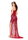 Back. Red ASHLEYlauren 11207 One-Shoulder Sequin Gown with Asymmetrical Wrap Bead Pattern, Illusion Cut-Out, Slit, and Sweep Train