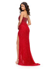 Back. Red ASHLEYlauren 11236 jaw-dropping strapless gown featuring a fitted silhouette, corset bustier with stunning crystal beadwork, a fully beaded wrap skirt, and a left leg slit for a glamorous red carpet-worthy look.