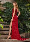 Back. Red ASHLEYlauren 11236 strapless gown featuring a sweetheart neckline, modern floral sequin motif cascading down the bustier and skirt, and a left leg slit for a glamorous and head-turning look.
