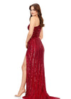 Back. Red ASHLEYlauren 11240 fully hand-beaded one shoulder gown featuring an intricate bead pattern designed to accentuate curves, a bold cut out detail, and a left leg slit for a striking and glamorous look.