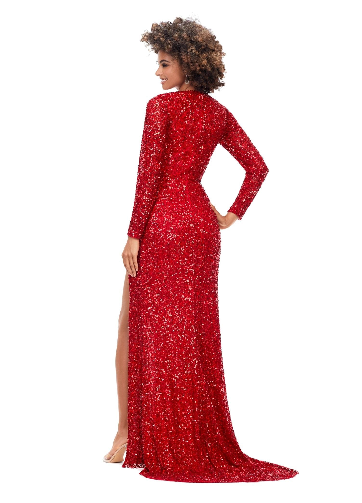 Back. Red ASHLEYlauren 11241 Fully Sequin Fitted Gown with Lace-Up Bustier, Long Sleeves, and Left Leg Slit