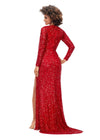 Back. Red ASHLEYlauren 11241 Fully Sequin Fitted Gown with Lace-Up Bustier, Long Sleeves, and Left Leg Slit
