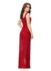 Back. Red ASHLEYlauren 11278 hand-beaded gown featuring a sweetheart neckline, shoulder straps, ruched detailing throughout the bodice and skirt, and a left leg slit for a modern, old Hollywood glam look.