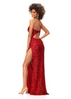 Back. Red ASHLEYlauren 11285 One Shoulder Sequin Gown with Adjustable Straps, Keyhole Back Cut Out, Fully Hand Beaded Design, and Left Leg Slit