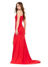 Back. Red ASHLEYlauren 11303 One Shoulder Jersey Gown with Ruched Bodice, Asymmetrical Cut Outs, Fitted Wrap Skirt, and Exposed Metal Zipper Back