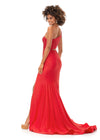 Back. Red ASHLEYlauren 11337 One Shoulder Fitted Jersey Gown Embellished with Heat Set Stones, Asymmetrical Shark Bite Cut Out, and Left Leg Slit