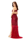 Back. Red ASHLEYlauren 11350 one shoulder hand-beaded gown featuring an asymmetric bead pattern to accentuate curves, feather details near the hemline, and a left leg slit for a bold and glamorous look.