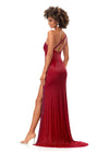 Back. Red ASHLEYlauren 11352 liquid beaded gown featuring a one shoulder neckline with crystal trim, a left leg slit, and a sweep train for an elegant and sophisticated look.