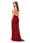 Back. Red ASHLEYlauren 11363 stunning hand-beaded gown featuring a sweetheart neckline, delicate spaghetti straps, an open back, and an intricate sequin pattern cascading throughout, complete with a left leg slit for a bold and glamorous look.