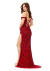 Back. Red ASHLEYlauren 11365 stunning fully hand-beaded gown featuring a sweetheart neckline, intricate beadwork throughout the corset bustier, a fitted skirt with a left leg slit, elegant draped straps, and a sweep train for a sophisticated and glamorous look.