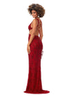 Back. Red ASHLEYlauren 11366 stunning hand-beaded gown featuring a deep V-neckline, intricate bead pattern, side cut outs, a lace-up open back, and a sweep train for a bold and glamorous statement look.