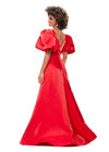 Back. Red ASHLEYlauren 11378 Elegant Shimmer Satin A-Line Gown with V-Neckline, V-Back, Oversized Puff Sleeves, and Heat Set Detailed Waistband