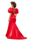 Back. Red ASHLEYlauren 11379 Shimmer Satin Fitted Gown with V-Neckline, Lace-Up Back, Oversized Puff Sleeves, and Scattered Heat Set Stone Waistband