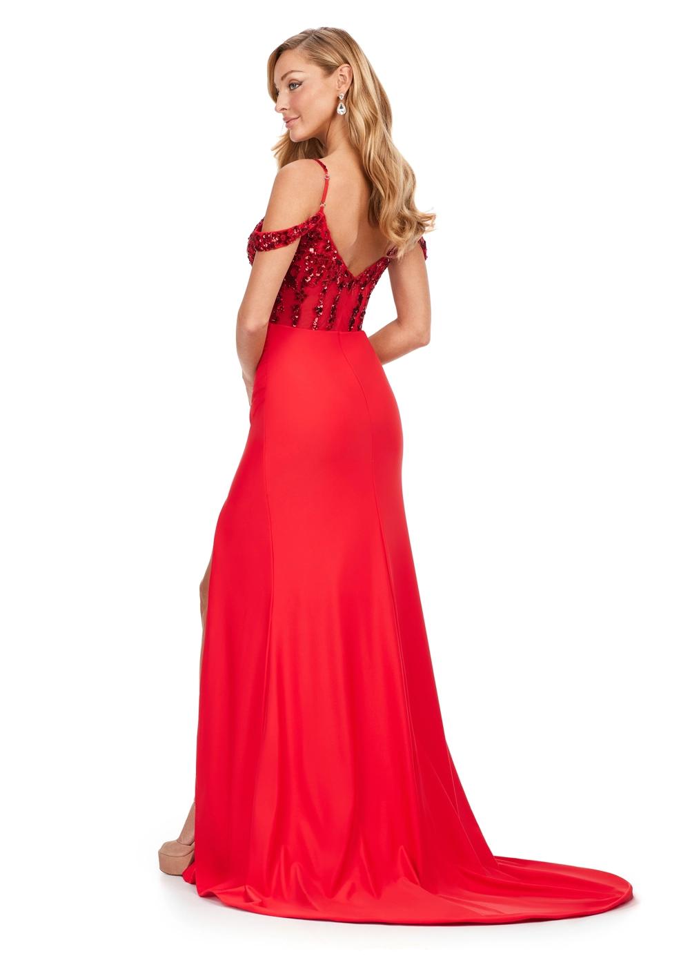 Back. Red ASHLEYlauren 11391 standout evening gown featuring a sweetheart neckline, off shoulder straps, beaded corset details, and a sleek jersey skirt for an elegant and sophisticated look.