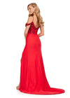 Back. Red ASHLEYlauren 11391 standout evening gown featuring a sweetheart neckline, off shoulder straps, beaded corset details, and a sleek jersey skirt for an elegant and sophisticated look.
