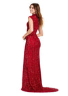 Back. Red ASHLEYlauren 11395 fully beaded sequin gown featuring an intricate beaded motif, high neckline, cap sleeves, and a modest front slit for an elegant and regal look.