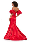 Back. Red ASHLEYlauren 11419 Strapless Satin Gown with Sweetheart Neckline, Voluminous Puff Sleeves, Mermaid Silhouette, and Sparkling Jeweled Belt