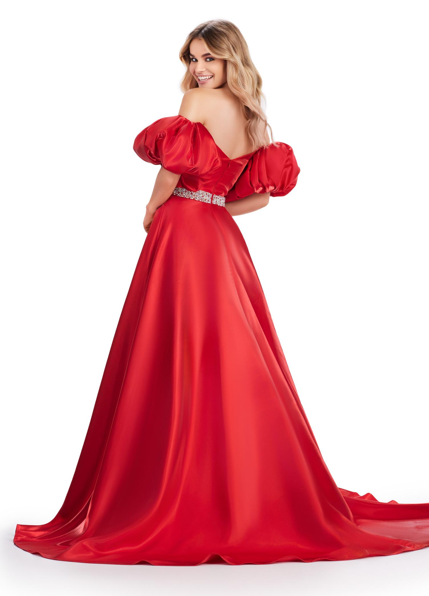 Back. Red ASHLEYlauren 11474 strapless satin ball gown with sweetheart neckline, beaded belt, left leg slit, and detachable puff sleeves