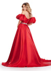 Back. Red ASHLEYlauren 11474 strapless satin ball gown with sweetheart neckline, beaded belt, left leg slit, and detachable puff sleeves