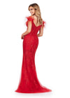 Back. Red ASHLEYlauren 11481 Fitted Scuba Gown with Structured Corset Bustier, Feathered Off Shoulder Sleeves, Elegant Front Bow, and Lace Appliqué Detailing