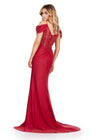 Back. Red ASHLEYlauren 11536 Jersey Gown with Spaghetti Straps, Off Shoulder Details, Corset Bustier, and Ruched Hip Design