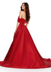 Back. Red ASHLEYlauren 11544 elegant Mikado ball gown featuring a pleated off shoulder detail and a full ball gown skirt for a timeless and sophisticated look.