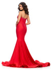 Back. Red ASHLEYlauren 11560 Classic Strapless Jersey Gown with Glamorous Beaded Corset Bustier, Sparkling Press On Stone Accents, and Sweep Train