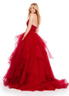 Back. Red ASHLEYlauren 11562 Halter Neck Velvet Bustier Ball Gown with Beaded Choker and Dramatic Ruffled Organza Skirt