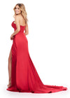 Back. Red ASHLEYlauren 11574 One Shoulder Satin Gown with Sweetheart Neckline, Ruched Bustier, and Left Leg Slit