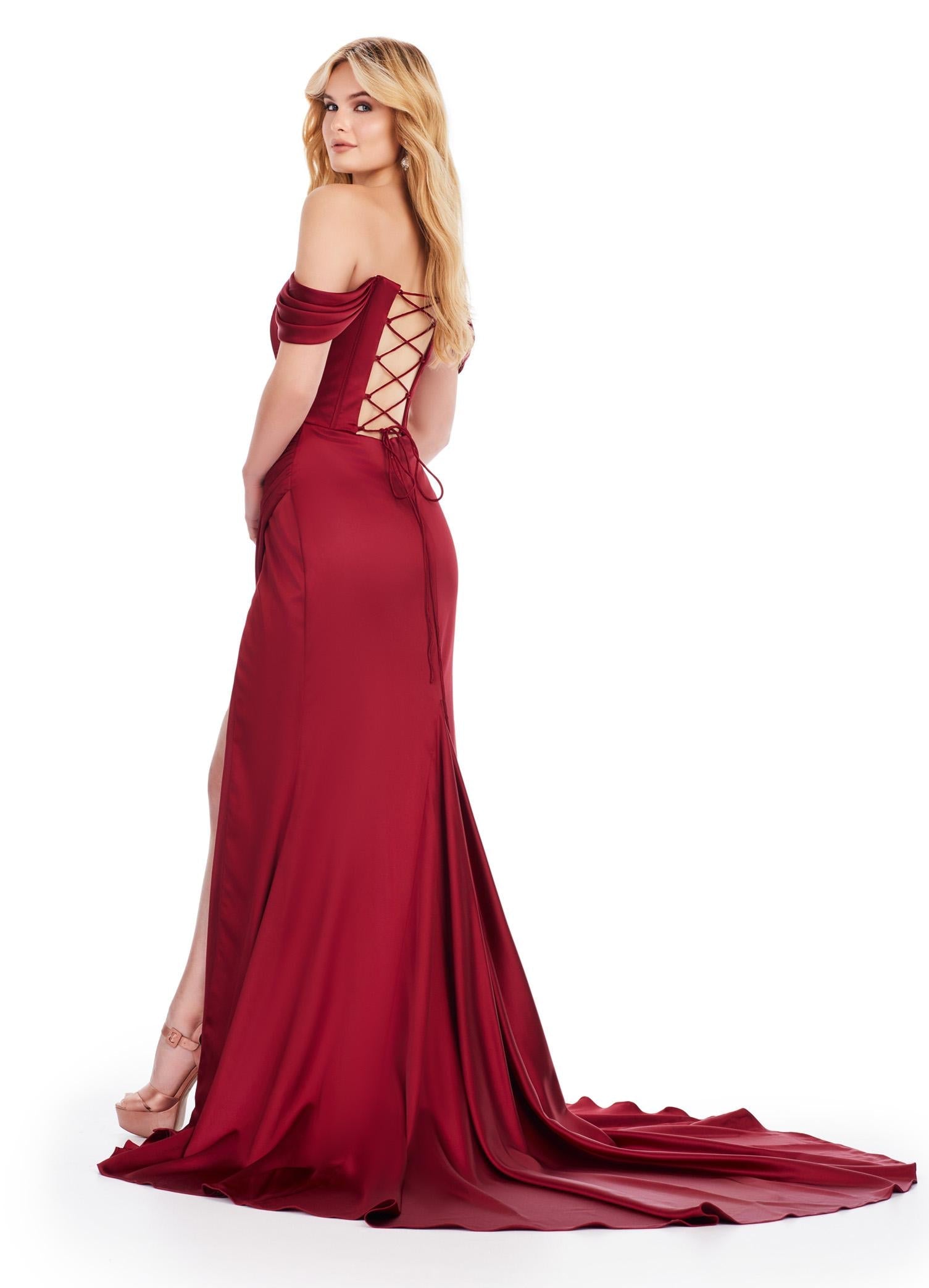 Back. Red ASHLEYlauren 11575 Strapless Satin Gown with Corset Bustier, Ruched Hip Detail, Draped Skirt, Slit, and Sweep Train