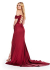 Back. Red ASHLEYlauren 11575 Strapless Satin Gown with Corset Bustier, Ruched Hip Detail, Draped Skirt, Slit, and Sweep Train