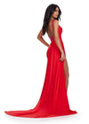 Back. Red ASHLEYlauren 11579 Unique Jersey Gown with Illusion V-Neckline, Sparkling Press On Stones, Flowing Side Skirt, and Left Leg Slit