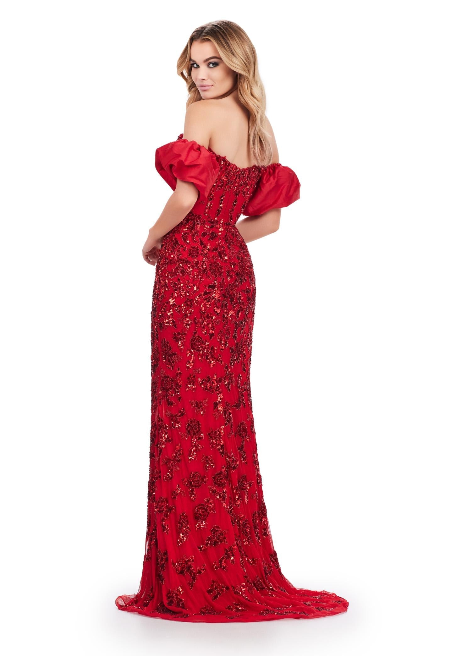 Back. Red ASHLEYlauren 11585 Fully Beaded Strapless Gown with Intricate Lace Pattern, Sweetheart Neckline, Off Shoulder Puff Sleeves, and Left Leg Slit