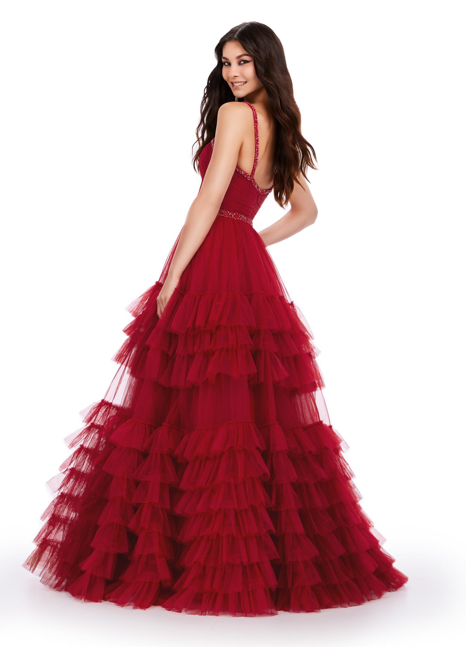 Back. Red ASHLEYlauren 11603 Spaghetti Strap Tulle Ball Gown with Tiered Skirt, Beaded Waist and Strap Accents, and Corset Bustier