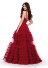 Back. Red ASHLEYlauren 11603 Spaghetti Strap Tulle Ball Gown with Tiered Skirt, Beaded Waist and Strap Accents, and Corset Bustier