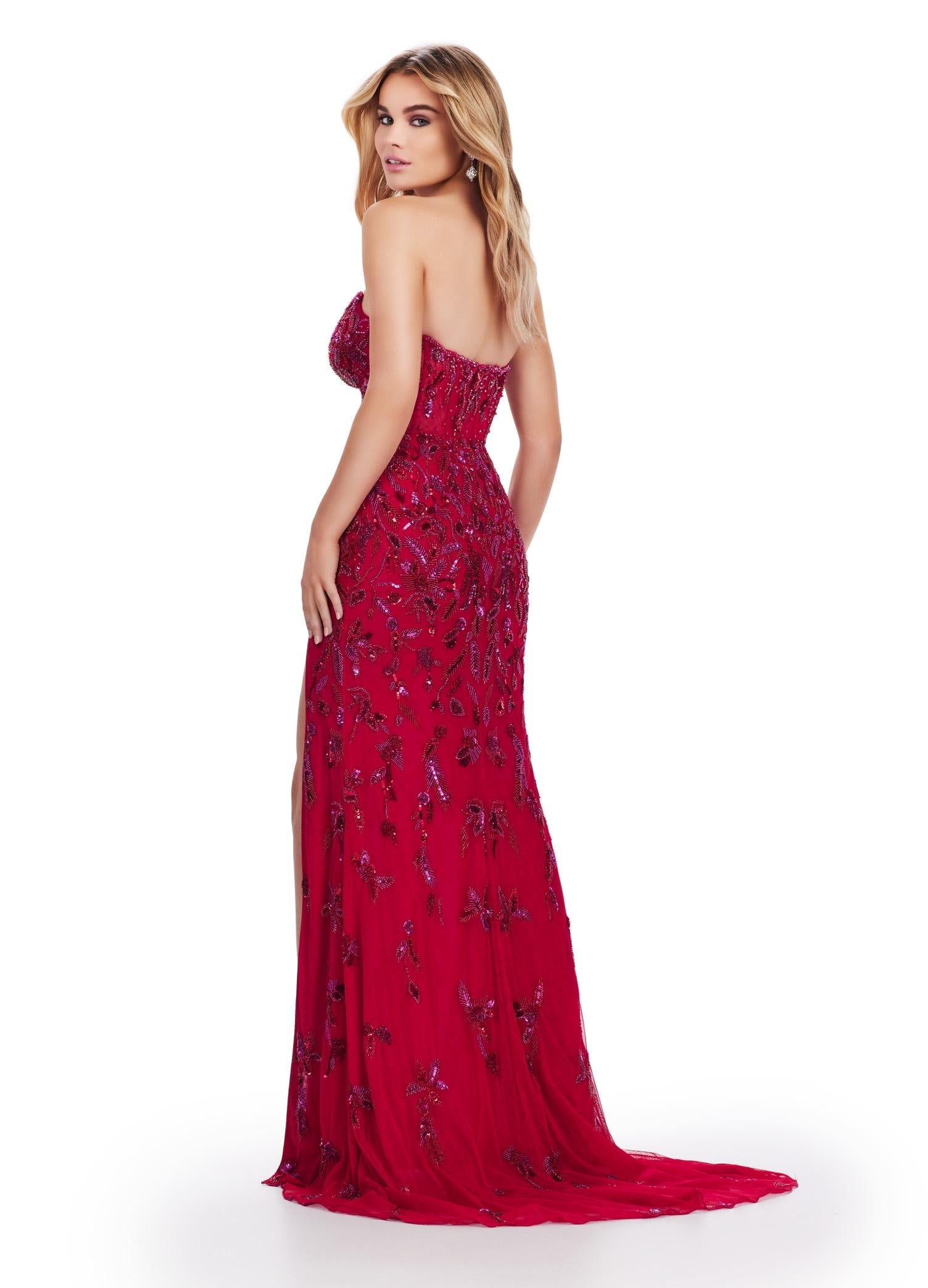 Back. Red ASHLEYlauren 11614 Strapless Fully Beaded Gown with Sweetheart Neckline, Illusion Corset Bustier, and Left Leg Slit