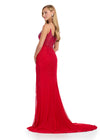 Back. Red ASHLEYlauren 11616 Spaghetti Strap Gown with Beaded Corset Bustier, Press On Stone Embellishments, and Left Leg Slit