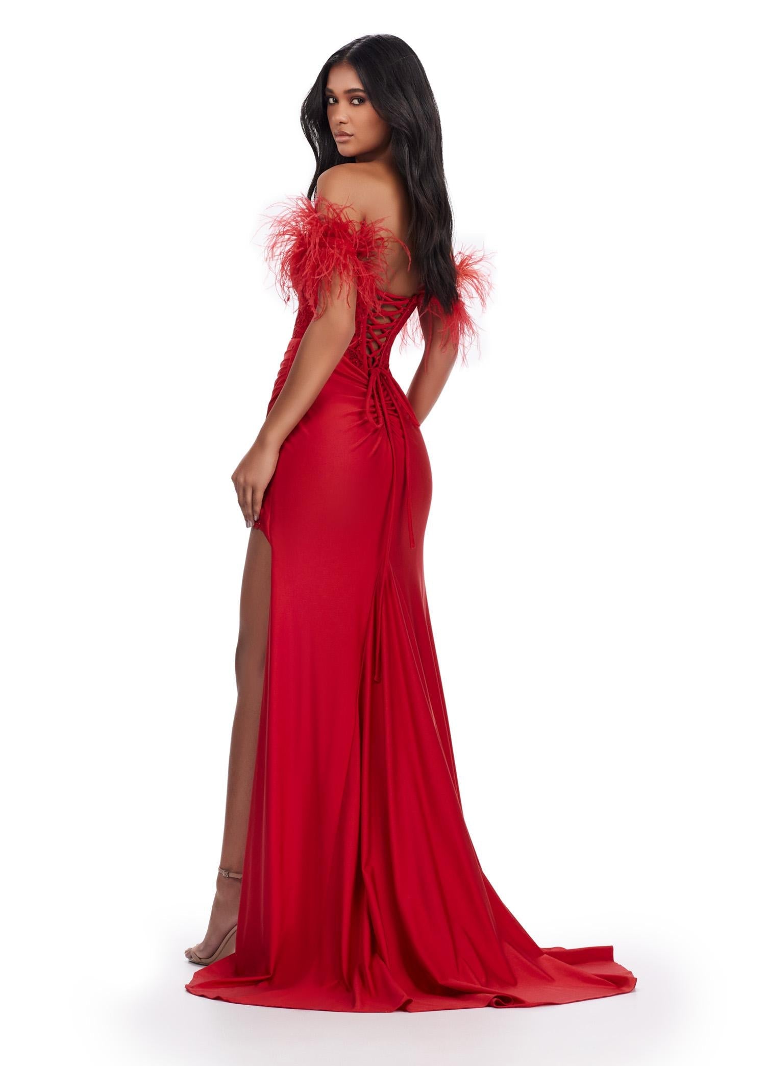 Back. Red ASHLEYlauren 11618 Glamorous Embroidered Jersey Gown with Corset Bustier, Feathered Off Shoulder Straps, Lace Up Back, and Left Leg Slit