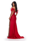 Back. Red ASHLEYlauren 11618 Glamorous Embroidered Jersey Gown with Corset Bustier, Feathered Off Shoulder Straps, Lace Up Back, and Left Leg Slit