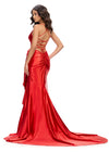 Back. Red ASHLEYlauren 11638 Edgy Shimmer Jersey Gown with Spaghetti Straps, Structured Corset Bustier, Statement Bow and Ruffle Accent, and Lace Up Back