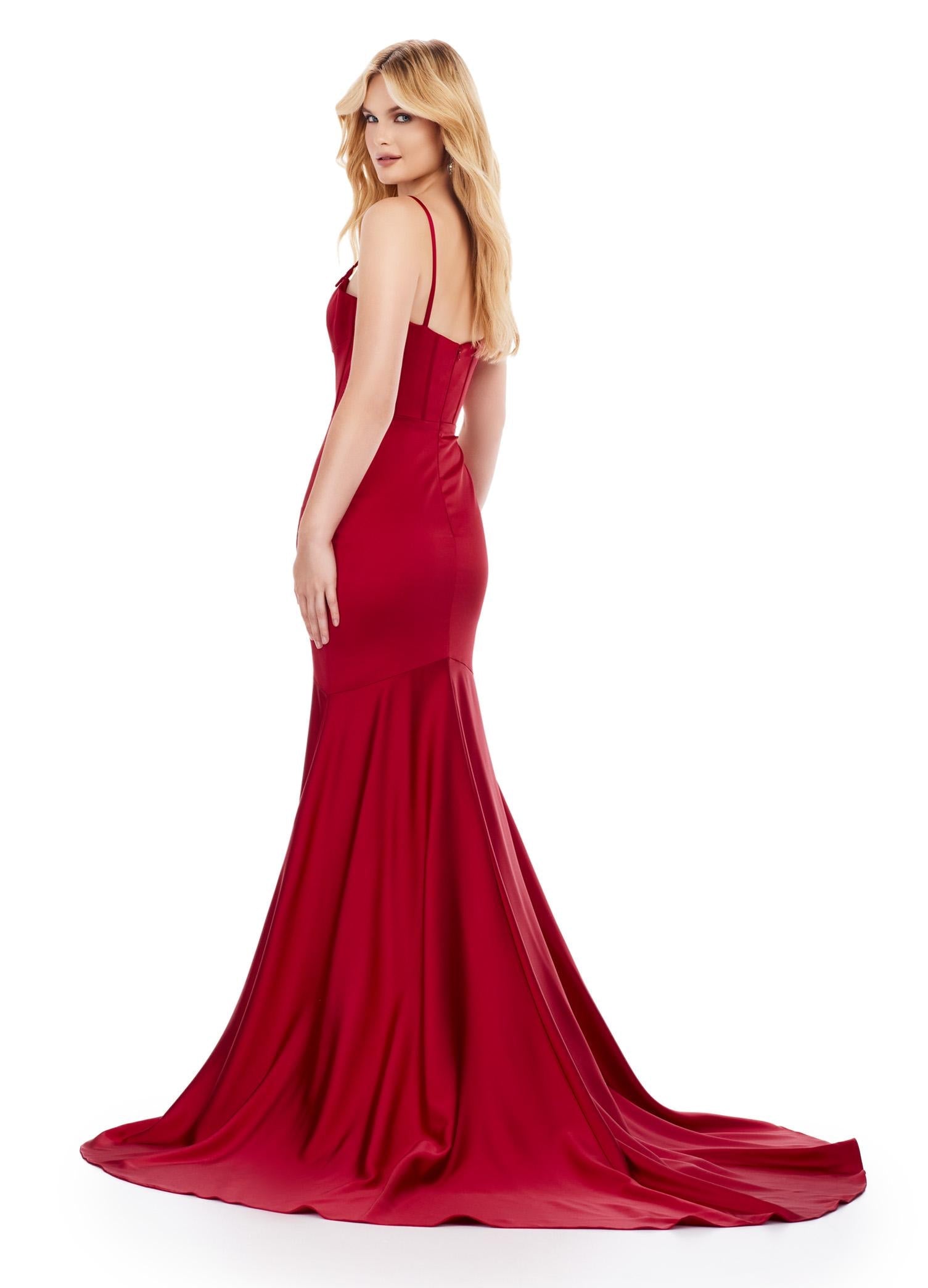 Back. Red ASHLEYlauren 11644 Fitted Satin Gown with Corset Bustier, Illusion V-Neckline, Spaghetti Straps, and Beaded Accents