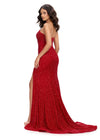 Back. Red ASHLEYlauren 11659 fully beaded gown featuring a strapless corset bustier, asymmetrical waistline to accentuate curves, fitted silhouette, left leg slit, and horsehair trim for an elegant and glamorous look.